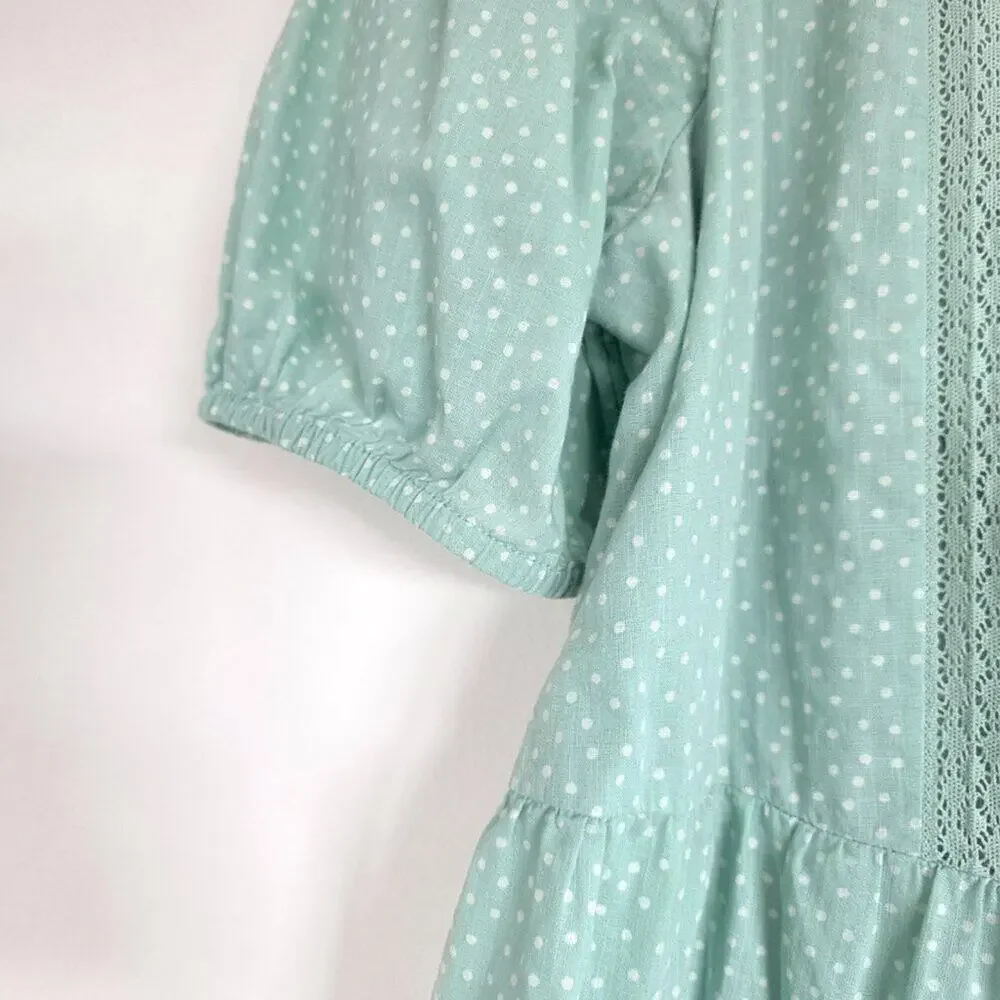 LOFT Mint Green Polka Dot Puff Sleeve Lace Trim Cotton Tiered Peplum Top Medium